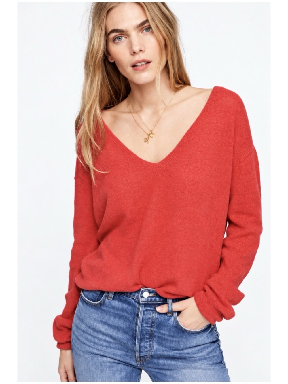 Free People Women’s Sz L Red Angora V-Neck Sweater Gossamer Relaxed Fit